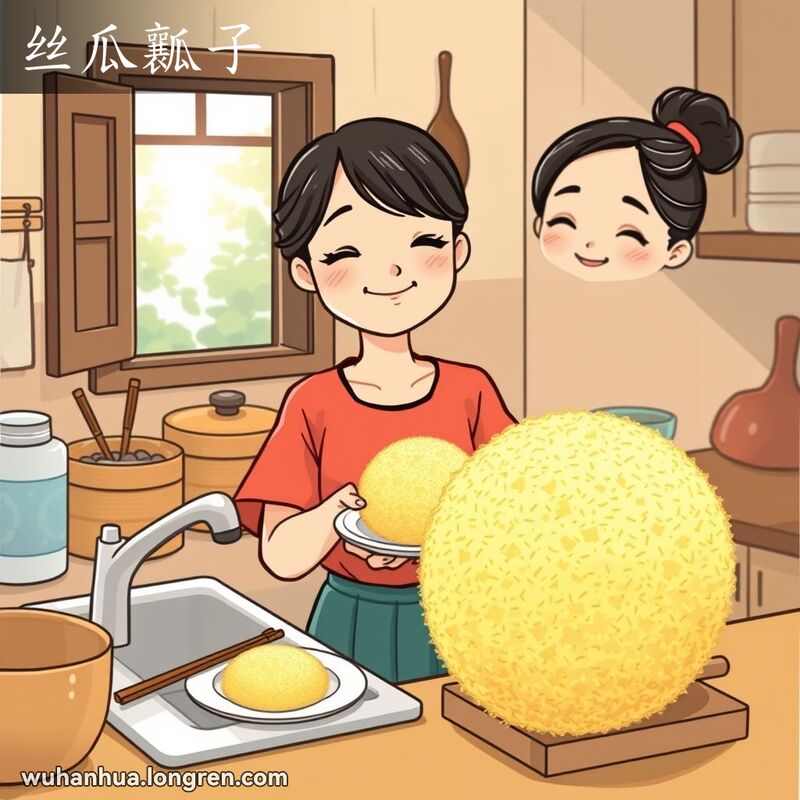 一位武汉妇女在厨房用丝瓜瓤子洗碗，背景有竹蒸笼和木质砧板