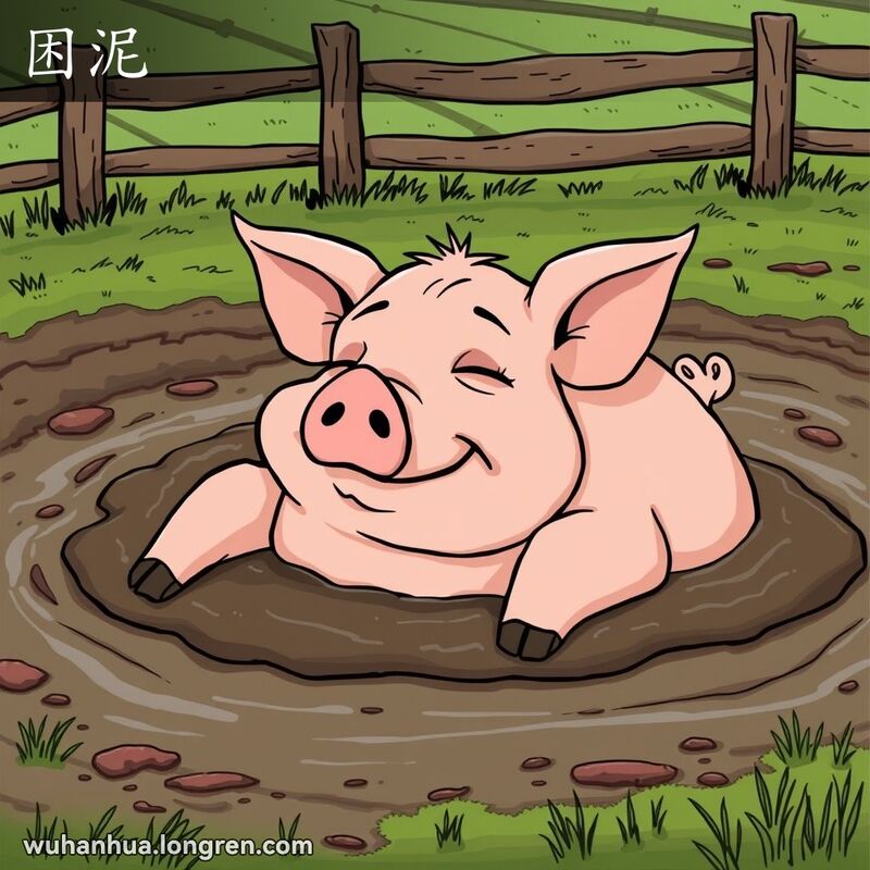 一头猪舒适地躺在泥水中，闭着眼睛，脸上带着满足的表情，背景是农村田园景象。