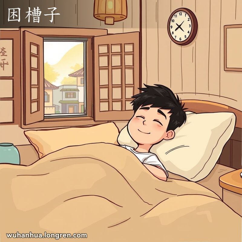 一位年轻人舒适地躺在床上，享受懒觉的时光，背景是温馨的武汉传统家庭场景。