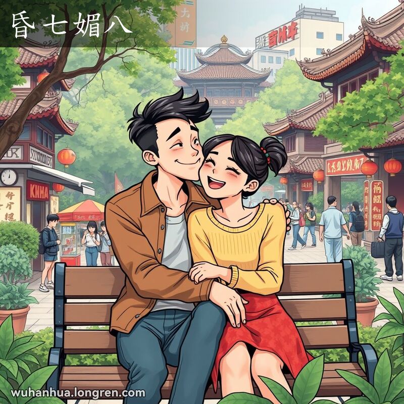 一对年轻情侣在武汉公园长椅上调情，男子低语，女子娇羞地笑着，背景是武汉传统街景。