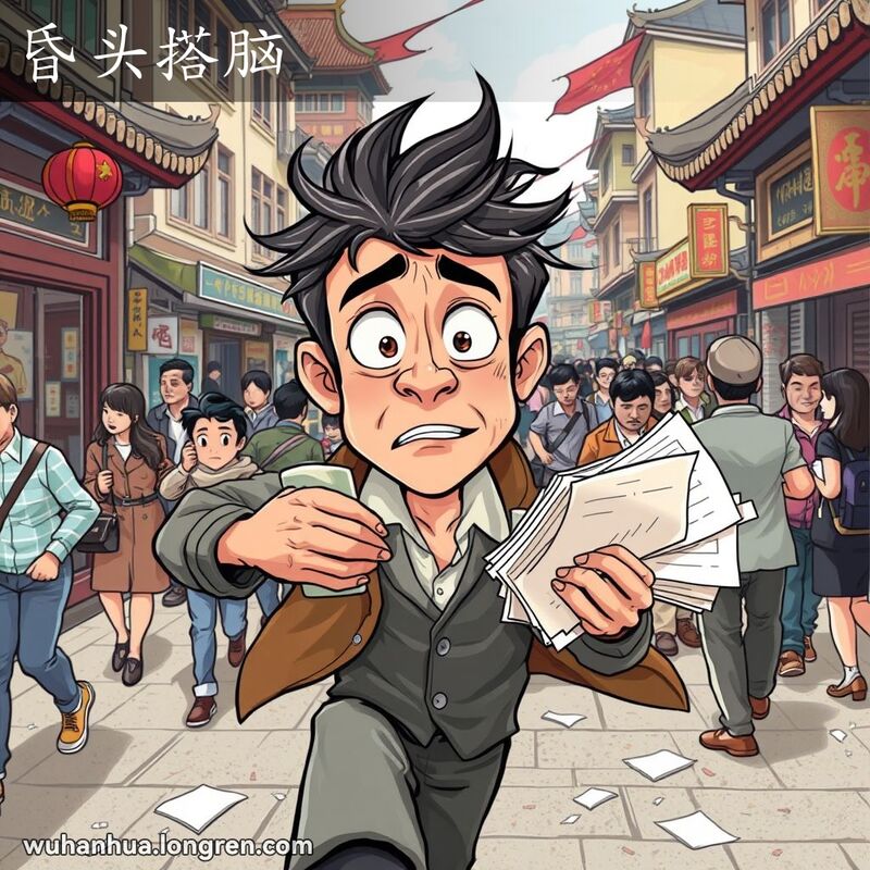 一位武汉男子在街头匆忙行走，手中文件凌乱，头发和衣服也不整齐，脸上露出迷茫和困惑的表情，背景是武汉的传统街景和忙碌的人群。