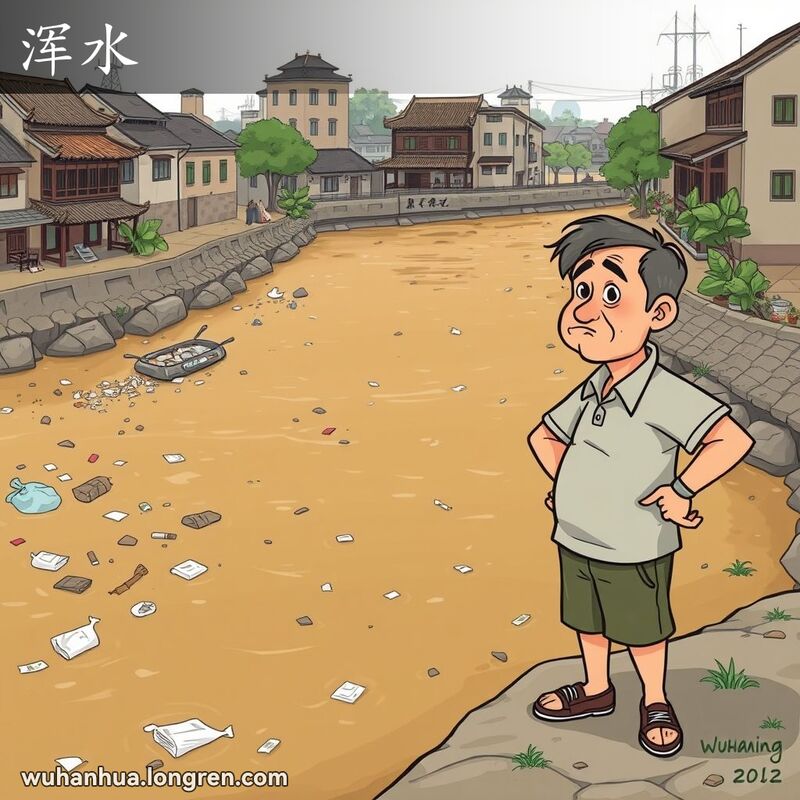 一条污浊的河流穿过武汉市区，河水呈现浑浊的棕色，充满垃圾、塑料袋和其他废弃物。一位当地居民站在河岸边，穿着休闲服装，双手叉腰，面露不满地望着河水。背景是武汉的老建筑和传统中式建筑，周围散布着几棵树木和植物。