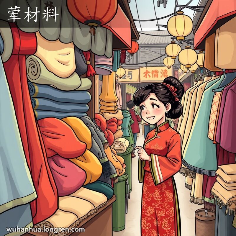 武汉传统市场中，一位妇女在布料摊前欣赏高档面料，背景有其他普通面料摊位
