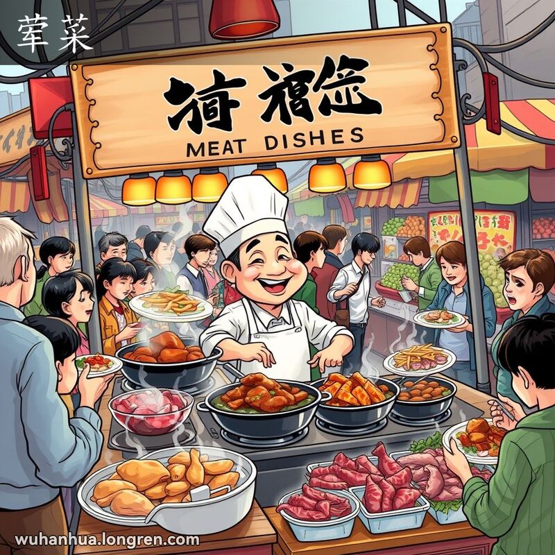 武汉街头市场上，一个卖肉菜的摊位，厨师正在烹饪各种肉菜，周围是等待品尝的顾客。