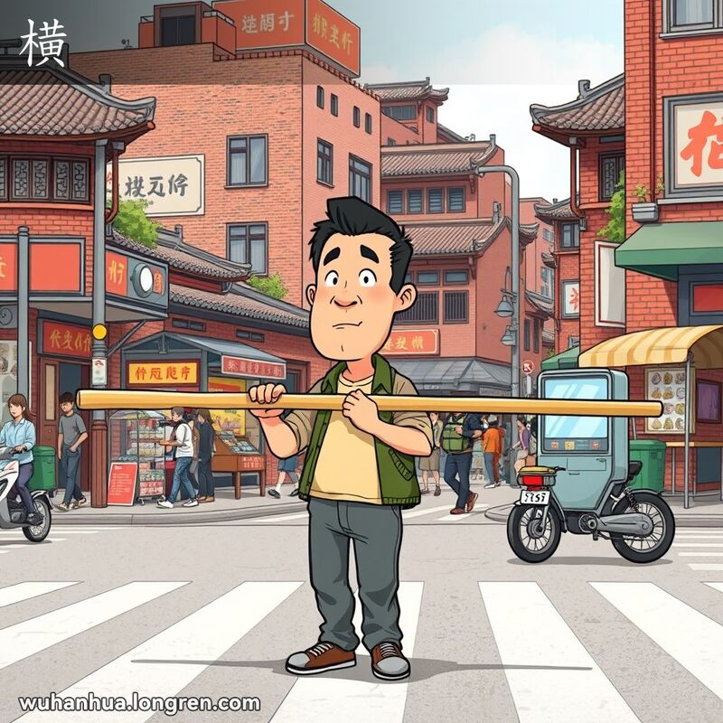 一位武汉男子手持竹竿横穿马路，竹竿与地面平行，背景是武汉老街景