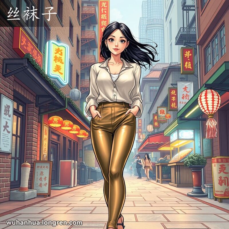 一位时尚的武汉年轻女性穿着丝袜走在繁忙的街道上，背景是武汉的老街景和现代化元素