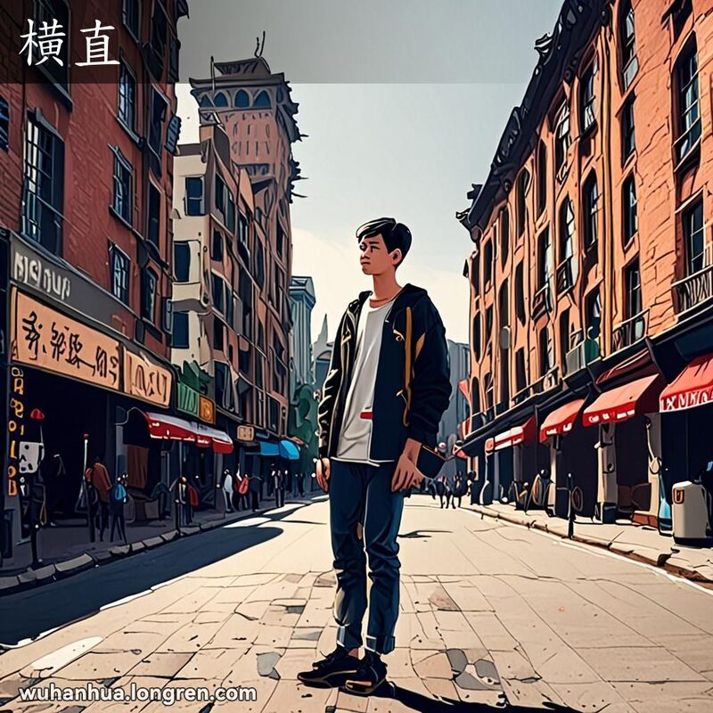 一位年轻的武汉市民站在十字路口，犹豫不决的表情，背景是武汉的繁忙街道