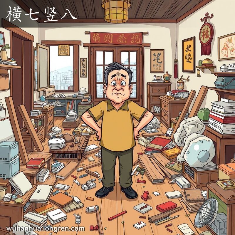 一个凌乱的武汉传统家庭房间，地板上木板横七竖八地散落，中年男子站在中央，表情沮丧。