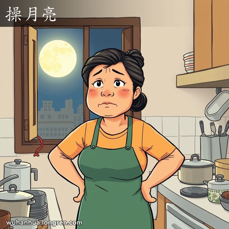 一位中年武汉妇女站在厨房里，透过窗户望着明亮的满月，脸上露出担忧的表情，背景是忙碌的厨房。