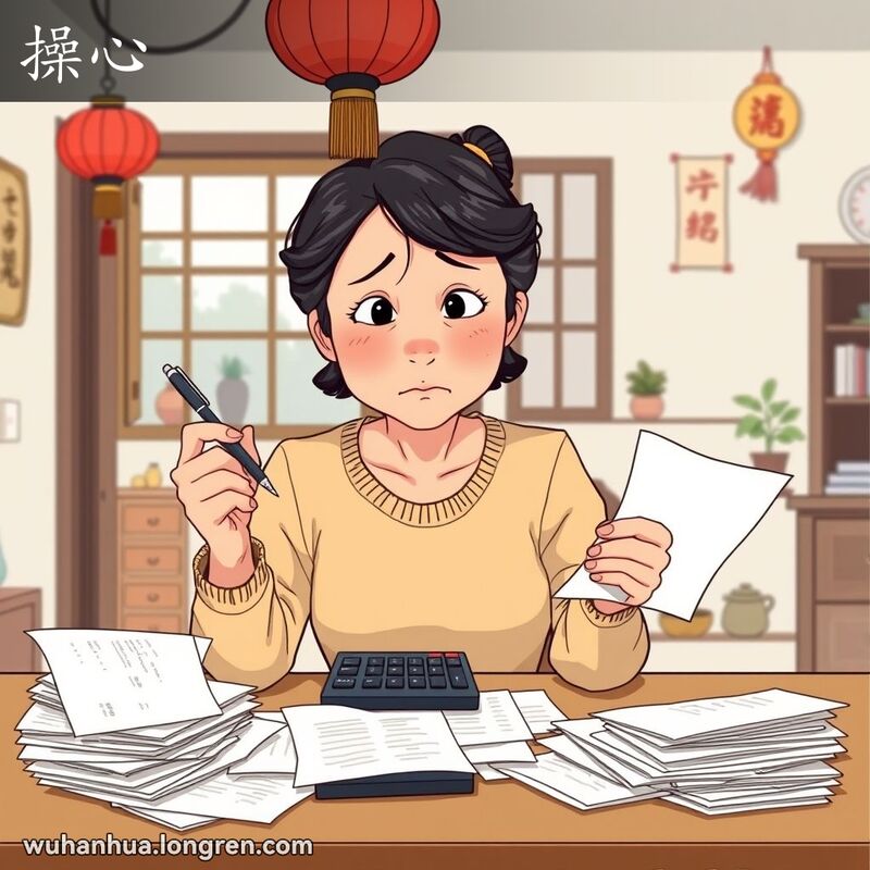 一位中年妇女坐在厨房桌前，周围堆满文件，脸上露出忧虑的表情，体现“操心”的情景。