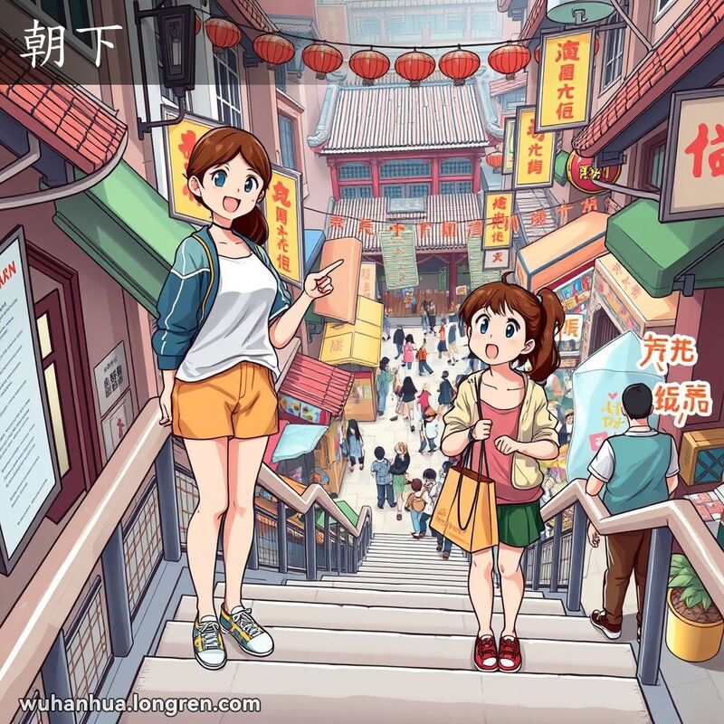 一位年轻女子站在楼梯顶端，手指向下方，指引朋友前往市场，背景是武汉繁忙的街道和市场