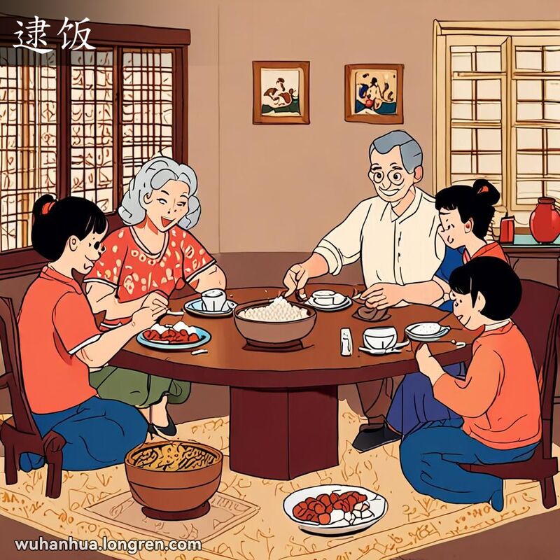 一个温馨的家庭餐桌场景，四口之家围坐在圆形木桌旁，老爷爷迫不及待地伸手去拿一碗米饭，背景是温暖的家庭氛围。