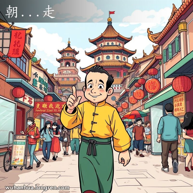 一位穿着传统服饰的人在武汉街头行走，手指向一个方向，背景有黄鹤楼和长江大桥。