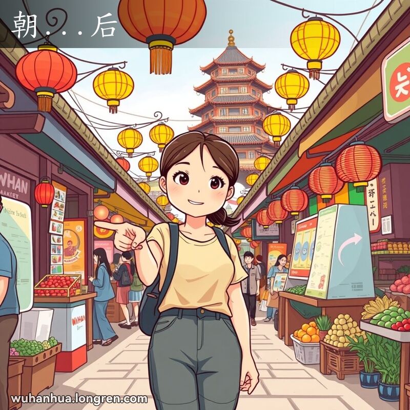 一位年轻的武汉女子在市场入口指向远处，表示“往后”的方向，背景是热闹的市场和远处的黄鹤楼