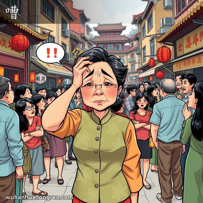 一位中年妇女在武汉街头，周围人们喧闹不止，她显得烦躁不安，手捂着头，表情夸张。