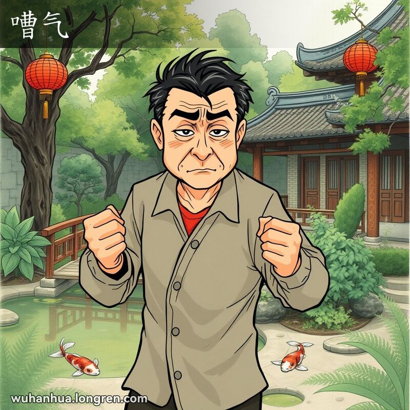 一位中年武汉男子在庭院中烦躁地踱步，背景有池塘、木桥和灯笼，画面风格为水墨画