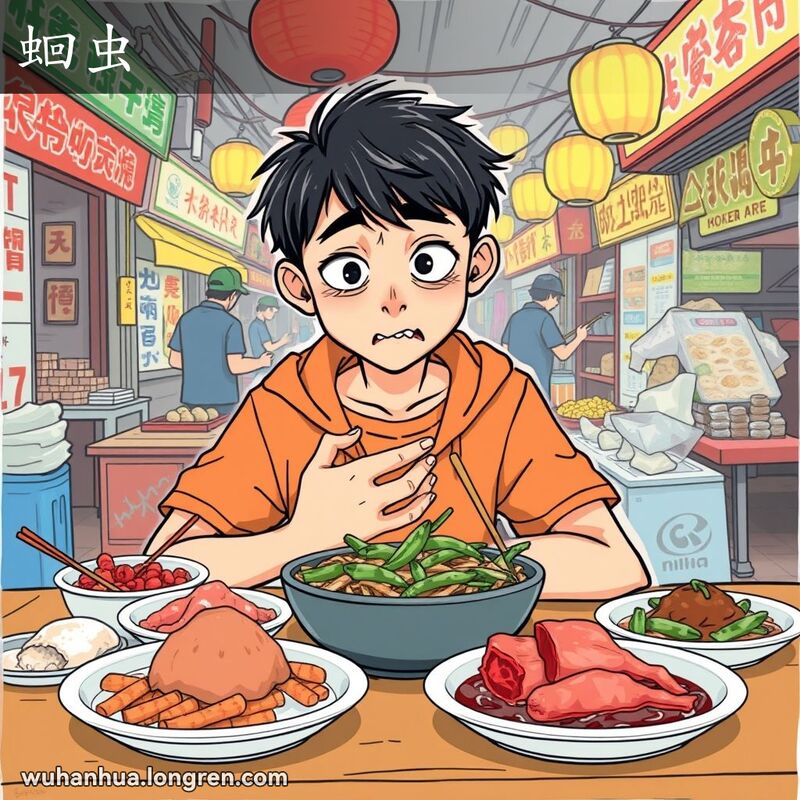 一位年轻人坐在桌前，面前摆放着生冷的食物，露出恶心和不适的表情，背景是武汉街边小吃摊