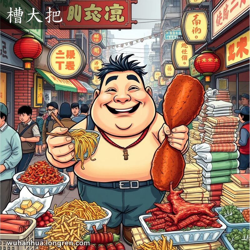 一位武汉男子手持大碗面条和大块烤肉，周围堆满食物，背景是热闹的武汉街市
