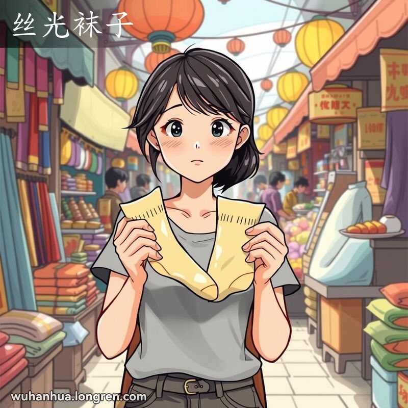 一位年轻女子在武汉市场手持丝光袜子，背景是热闹的市场和摊贩。