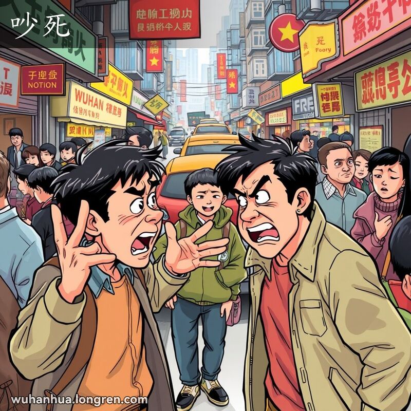 两个人在武汉街市上激烈争吵，背景中小贩叫卖和汽车喇叭声交织，场面嘈杂。