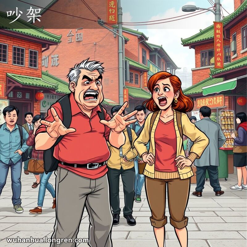 两位中年男女在武汉街头激烈争吵，男子手舞足蹈，女子双手叉腰，背景是武汉传统街景