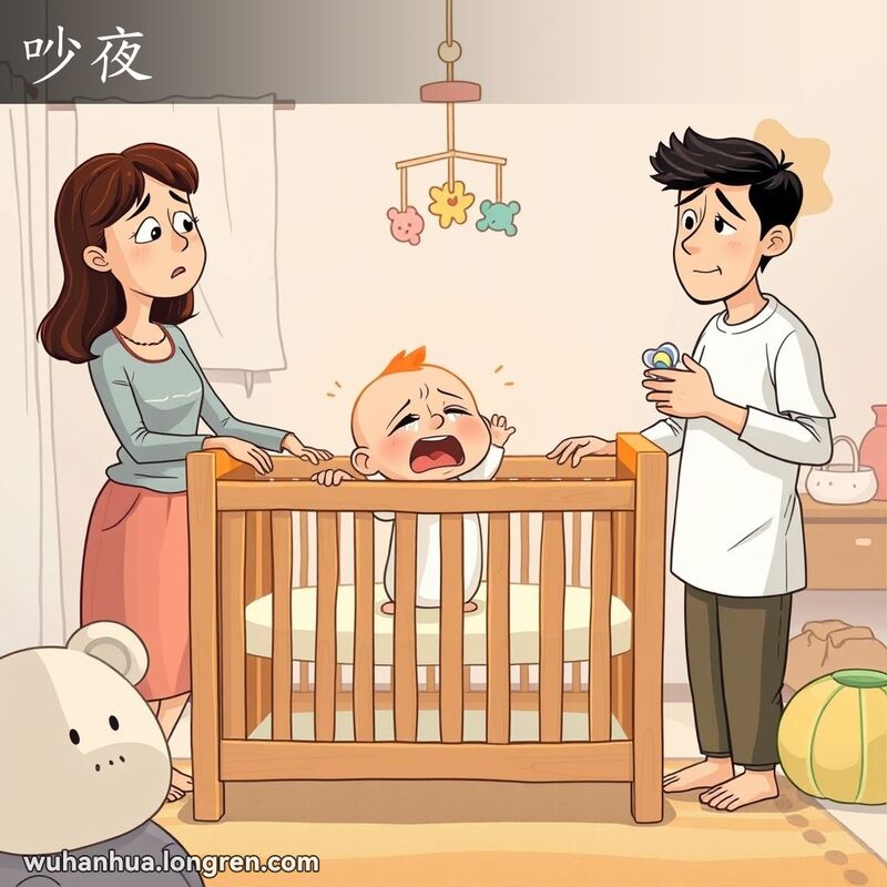 婴儿在婴儿床中哭泣，父母在旁边试图安抚，背景是温馨的婴儿房。