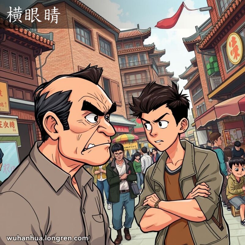 两人在武汉街头争执，一人怒目而视，眼睛瞪得大大的，背景是热闹的市场摊位