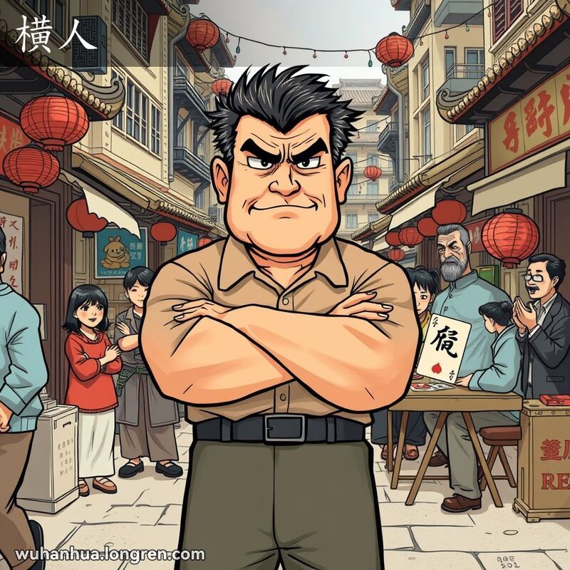 一位中年男子在武汉街头，双手交叉，挡住一位胆怯者的去路，脸上露出傲慢和粗鲁的表情，背景有人玩“上大人”纸牌游戏，“仁”字牌明显可见。