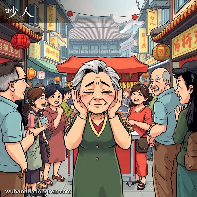 一位中年妇女在武汉街头小吃摊前，周围人群喧闹，她显得非常不耐烦，双手捂住耳朵，表情夸张，背景是繁忙的市场场景