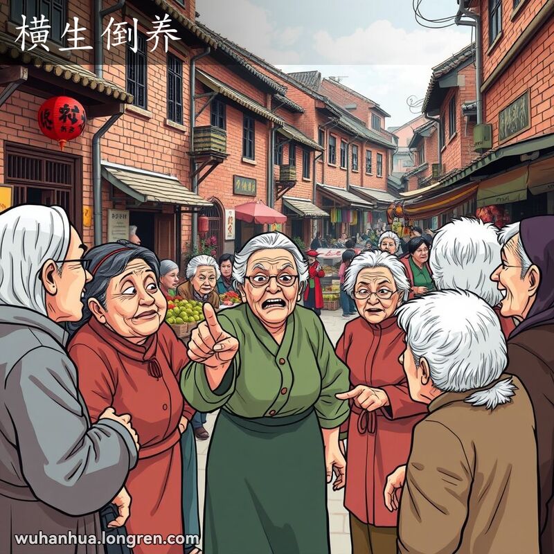 一群武汉妇女在老街巷子里争吵，背景是热闹的市场和传统红砖房，表现“横生倒养”的情景