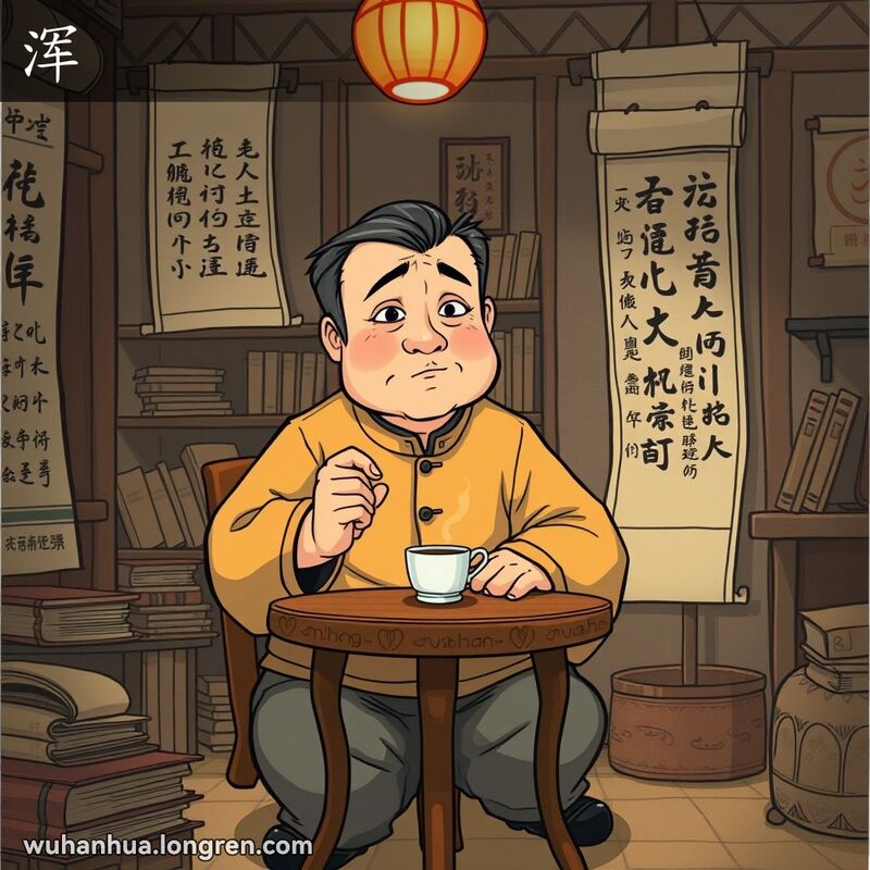 一位中年武汉男子坐在古色古香的房间内，手持茶杯，面露困惑和迷茫的表情，背景是传统的中国装饰