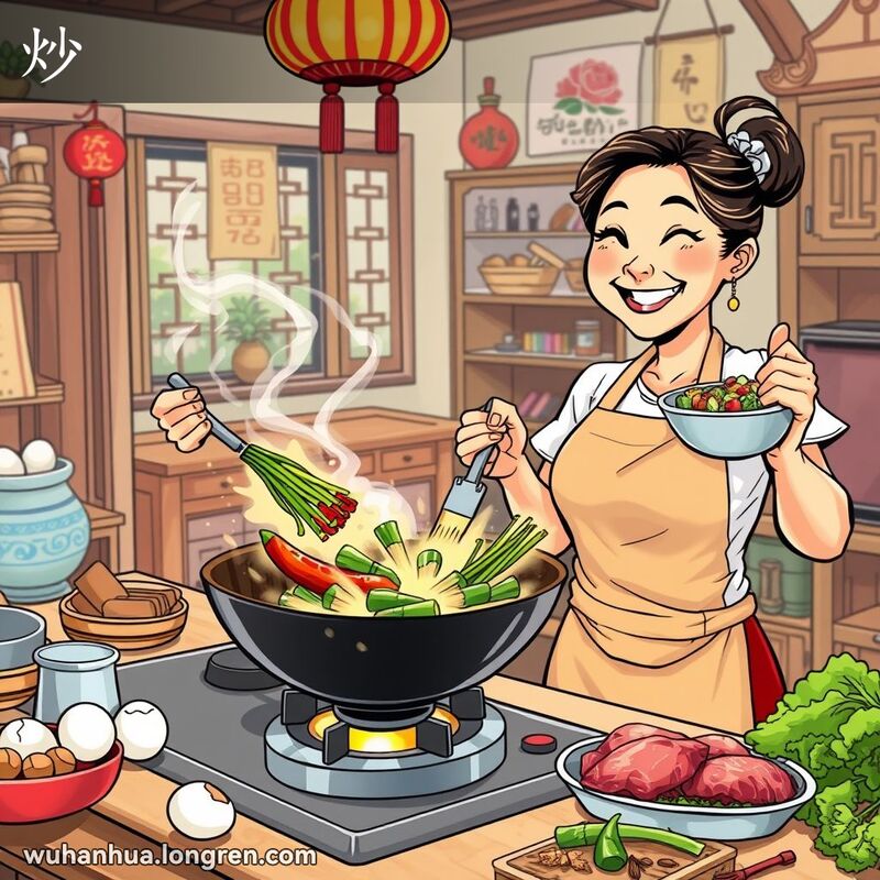 一位武汉妇女在厨房里炒菜，手持锅铲和蔬菜，背景是传统家庭厨房