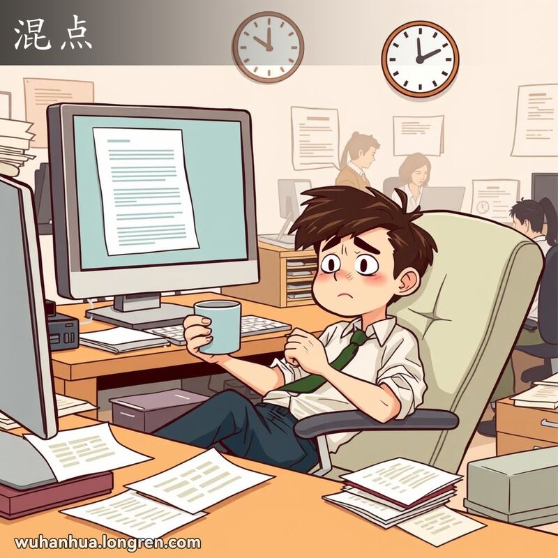 一位年轻的办公室职员在工作时懒散地靠在椅子上，手里拿着咖啡，眼神空洞地盯着电脑屏幕，桌面上散落着文件，背景中其他同事都在忙碌工作。
