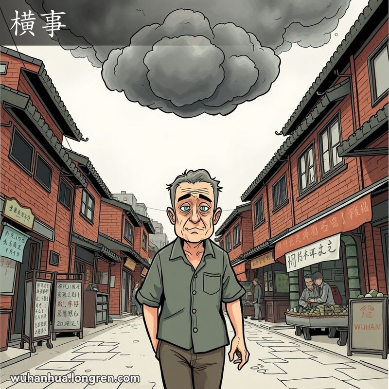 一位中年男子在武汉老街上行走，表情紧张，头顶乌云，象征着即将发生的祸患。