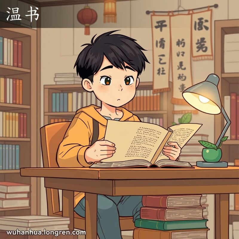 一位武汉学生坐在书桌前，手持一本打开的书，神情专注，正在复习和重读书中的内容，背景是温馨的书房。