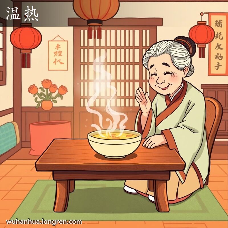 一位奶奶在家中吹凉一碗热汤，背景有红灯笼和书法挂轴