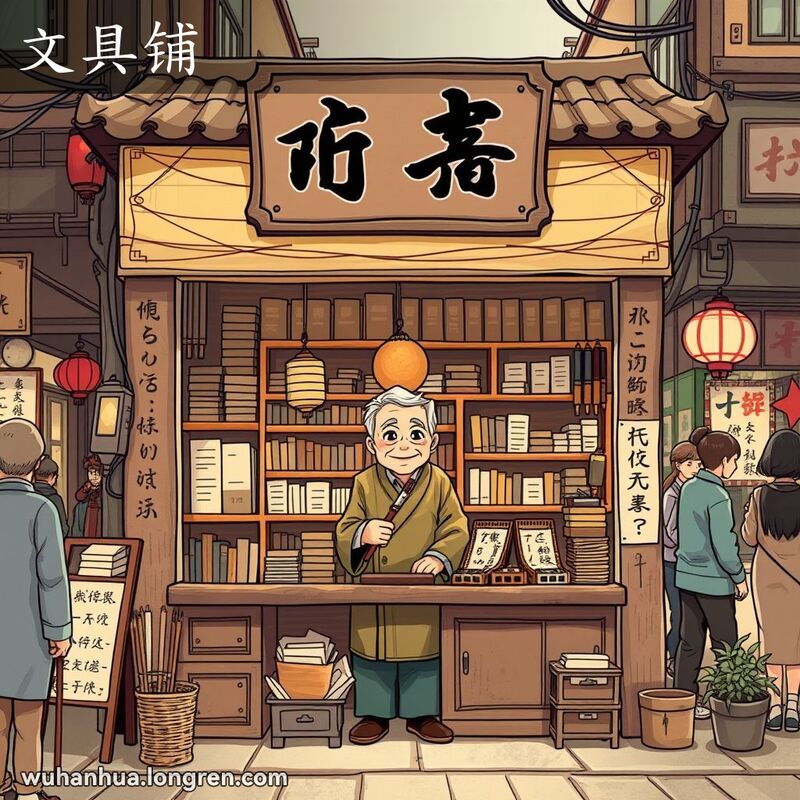 一条传统的武汉老街，一家古色古香的文具铺，店内陈列着毛笔、砚台和宣纸，老店主微笑着站在柜台后。