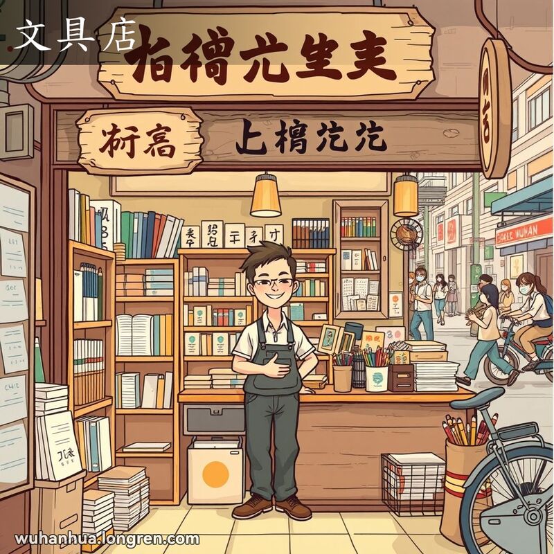 一家温馨的武汉文具店，店内摆满各种文具，店主微笑着准备为顾客服务，背景是繁忙的武汉街道。