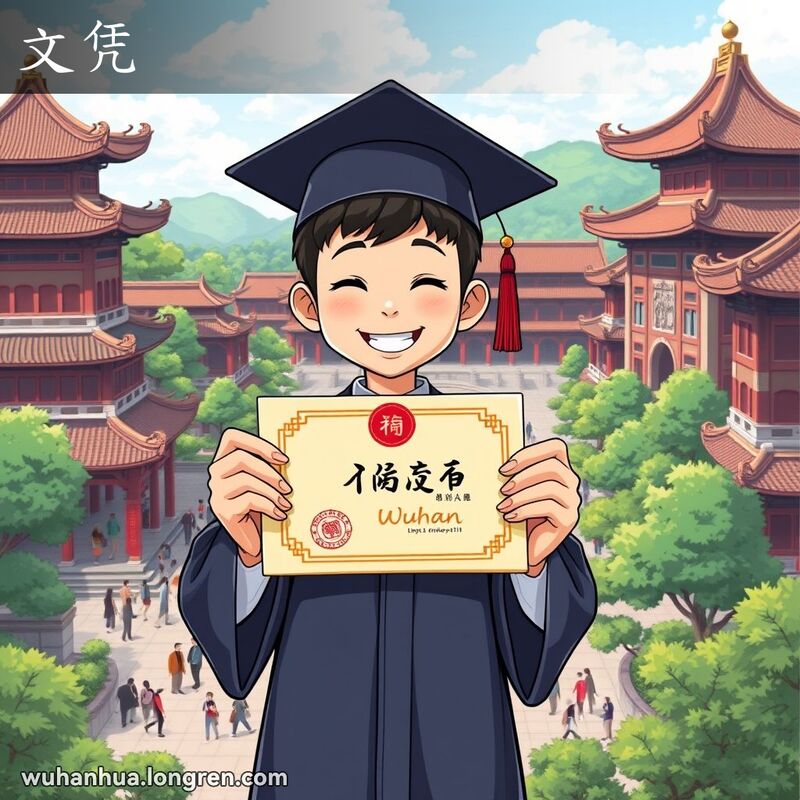 一位武汉毕业生手持毕业证书，背景是传统中国大学校园，画面充满喜悦和成就感