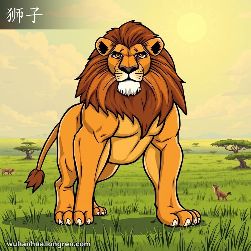 一只威风凛凛的狮子站在草原上，展示了其强壮的身躯和四肢，背景是辽阔的草原和明亮的阳光