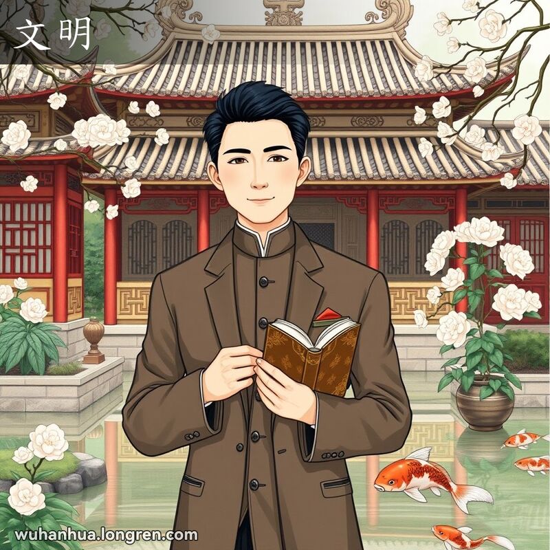 一位穿着传统中式服装的男子在园林中手持书卷，展现文雅气质，背景是中国古典园林景观