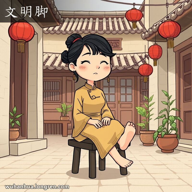 一位旧时妇女坐在武汉老宅院中，脚未缠裹，放在小凳上，面露平静和解脱的表情，背景有红灯笼和盆栽植物。