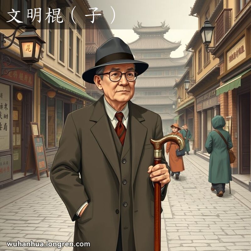 一位老绅士手持西式手杖行走在武汉老街上，背景有老式建筑和鹅卵石小路