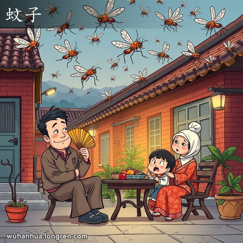 一个武汉家庭在黄昏时分坐在老式房子外，蚊子在他们周围飞舞，家庭成员驱赶蚊子。