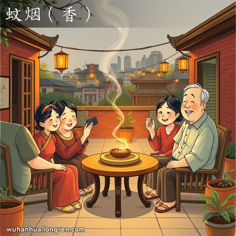 一个武汉庭院中，一家人围坐在桌旁，桌上点燃着蚊香，背景有红砖墙和盆栽植物
