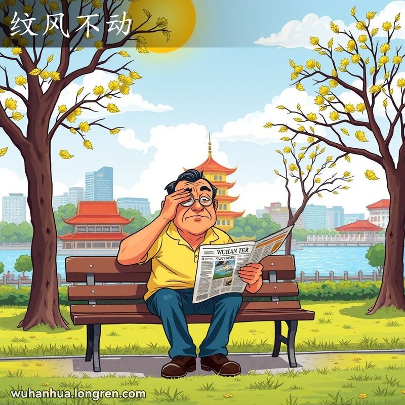 炎热夏日，武汉市民坐在公园长椅上，周围树木静止不动，男子擦汗扇风，背景有黄鹤楼和长江。