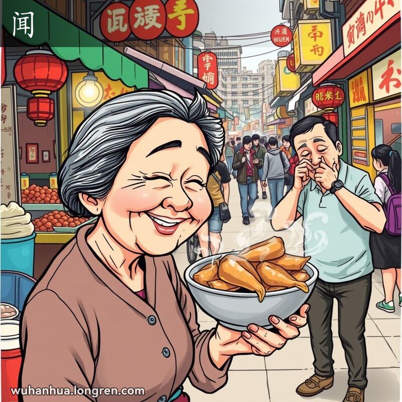 一位中年妇女在武汉街市小吃摊前深吸鸭脖香气，背景中一位男子捏鼻避开不愉快气味，画面充满生活气息。