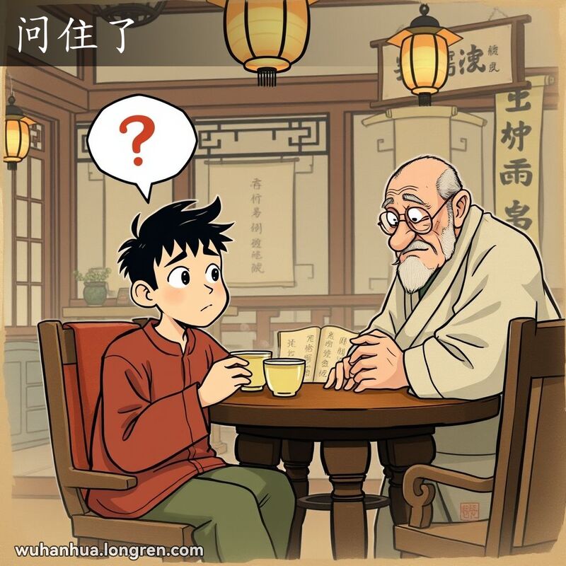 一位年轻的武汉人在茶馆中手持茶杯，露出困惑和无言以对的表情，对面是一位睿智的长者，背景是传统茶馆环境。