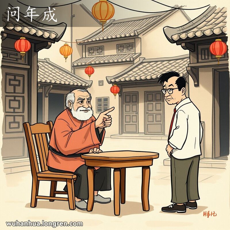 一位老人在武汉传统庭院中责备年轻人，背景是老式建筑和灯笼