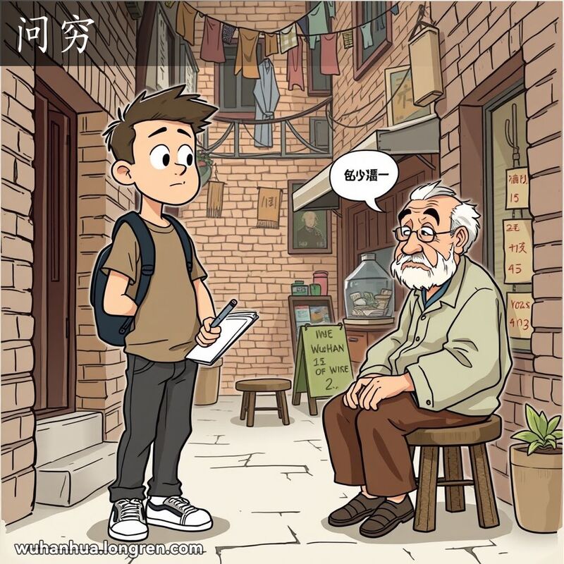 一位好奇的人在武汉老巷子里，手持笔记本倾听老人讲述故事，背景是武汉老街景